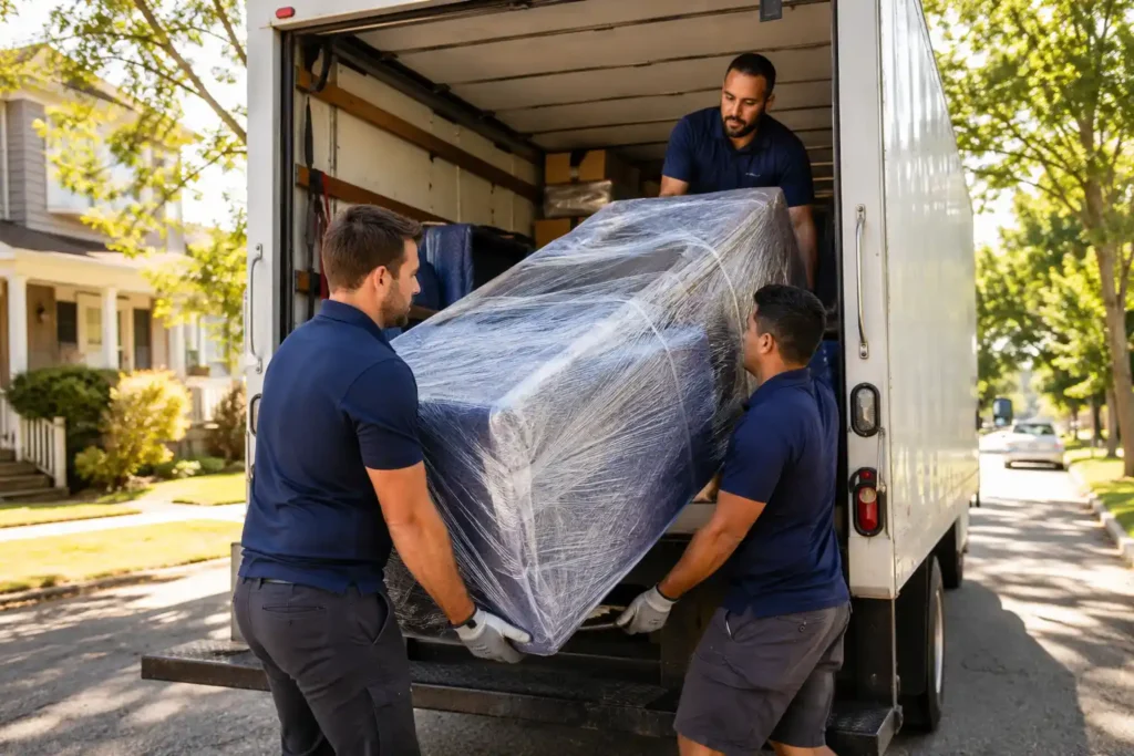 Moving company crew in branded uniforms loading furniture into a truck on a sunny summer day during peak moving season