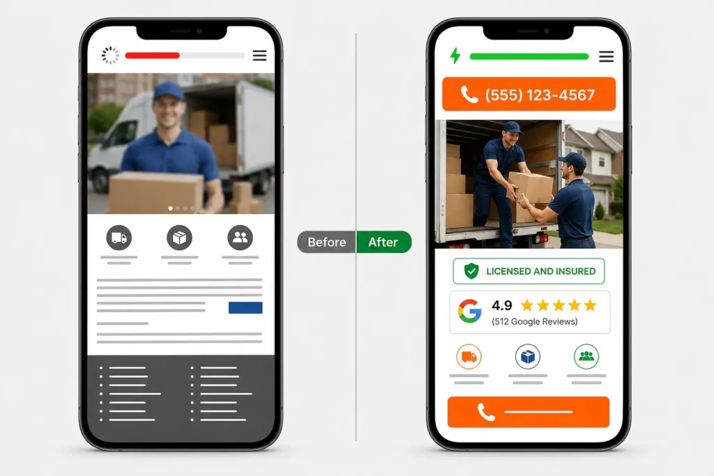 Before and after split screen comparing a poorly optimized moving company website with a high-converting local SEO optimized version. moving company local seo marketing