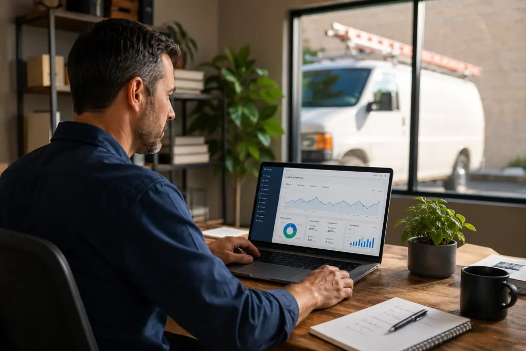 HVAC business owner reviewing on page seo for hvac results on laptop
