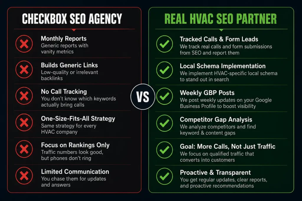 Checklist comparing a real affordable HVAC SEO package against a low-quality checkbox service