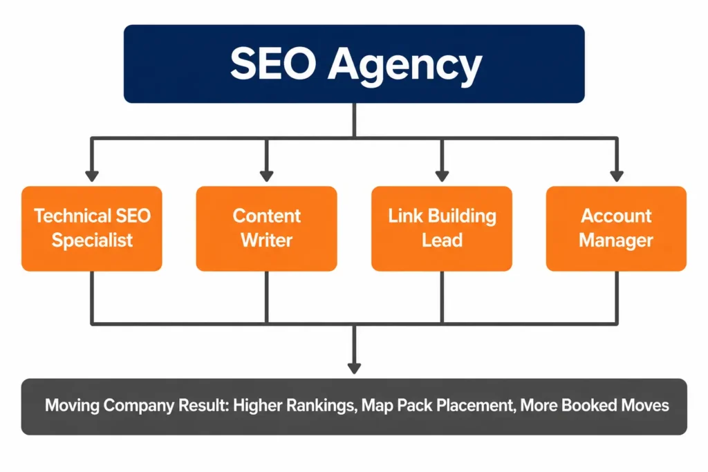 SEO agency for moving companies showing team structure with technical SEO, content writer, link builder, and account manager roles