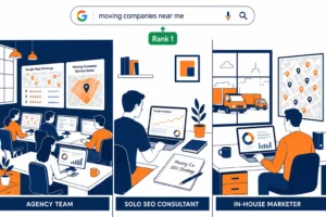 SEO consultant for moving companies comparing three options: agency, consultant, and in-house team