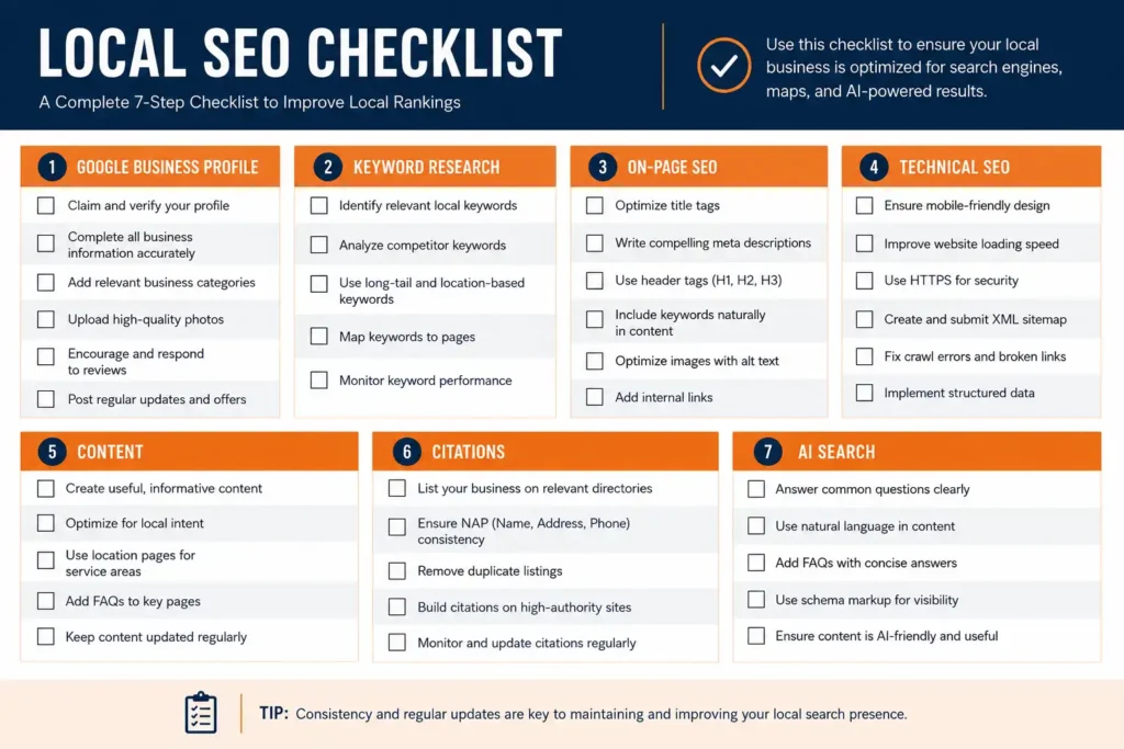 Complete printable SEO checklist for HVAC companies covering seven sections from GBP to AI search
