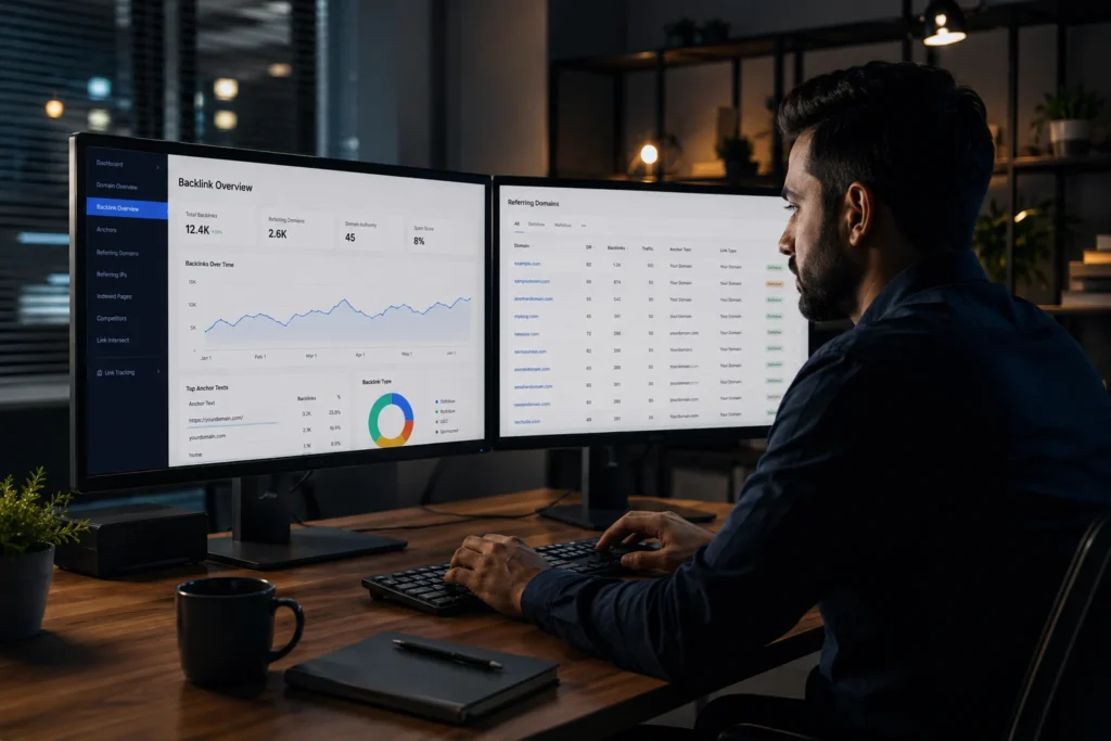 SEO specialist reviewing backlinks checker report on dual monitors