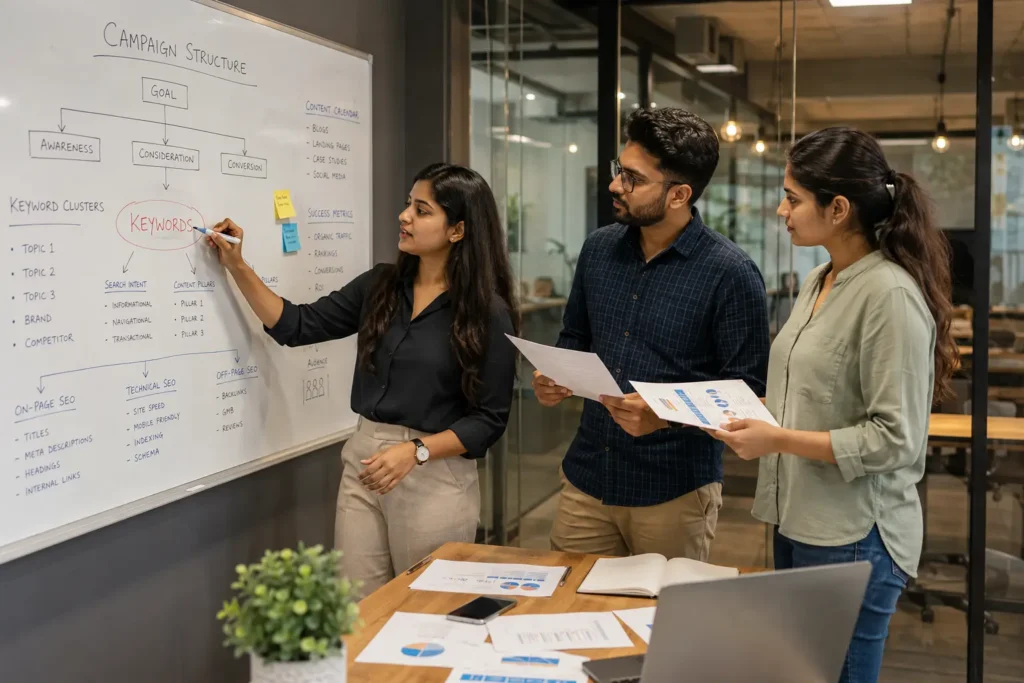SEO agency team reviewing a moving company lead generation campaign plan on a whiteboard in a meeting room