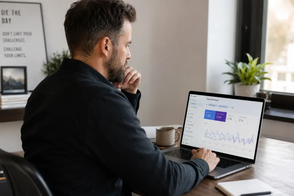 Small business owner comparing SEO tools on a laptop dashboard