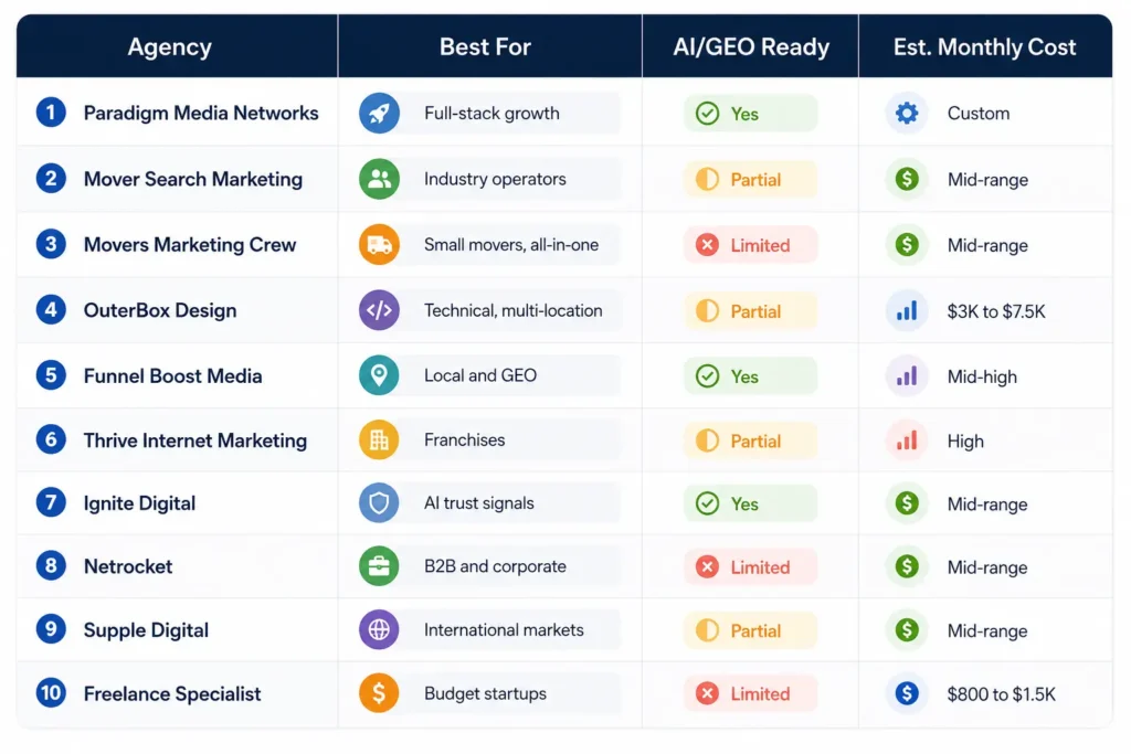 Comparison table of top 10 best SEO companies for moving companies in 2026
