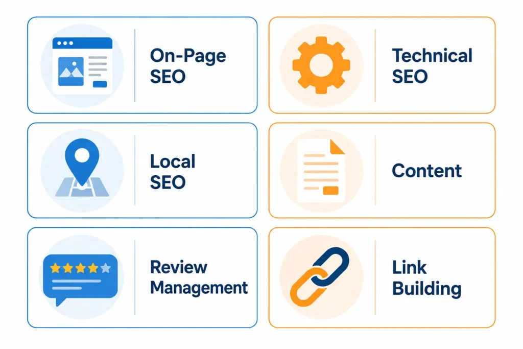Infographic showing the six core components of HVAC SEO including local SEO content and technical optimization