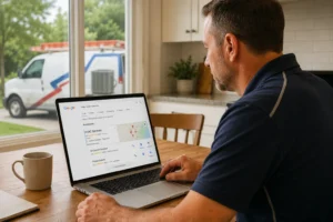 HVAC business owner learning what is HVAC SEO on laptop showing Google local search results