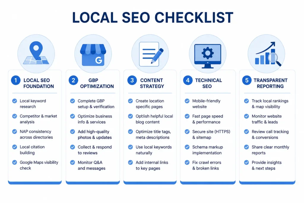 Checklist showing what the best SEO agency for moving companies should include in 2026