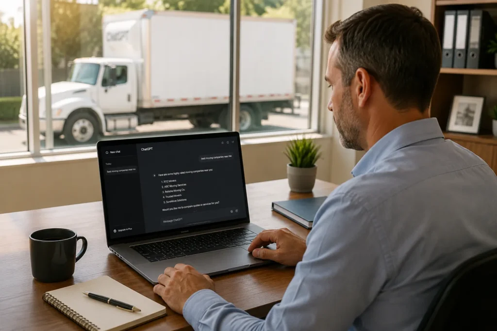 Moving company owner reviewing ChatGPT AI search recommendations on laptop to improve ai seo for moving companies