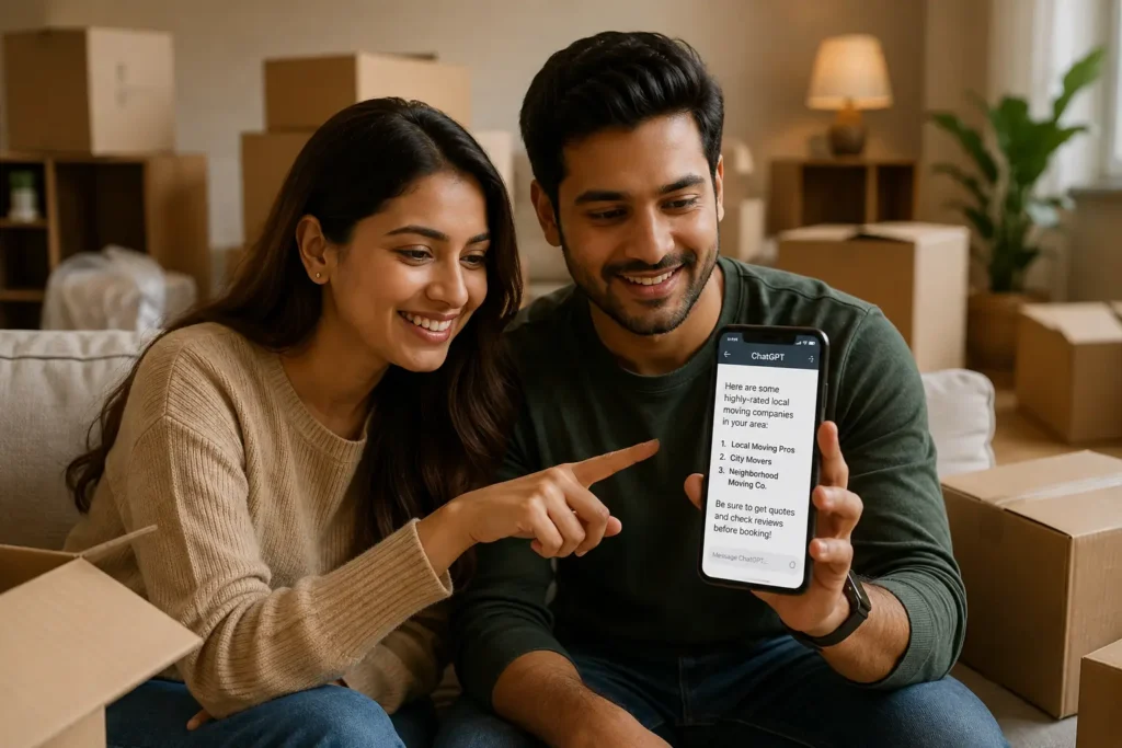Young couple using ChatGPT on smartphone to find moving company recommendations while planning a relocation