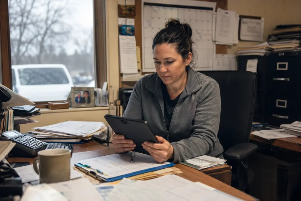 HVAC business owner checking website rankings on a tablet in a small office