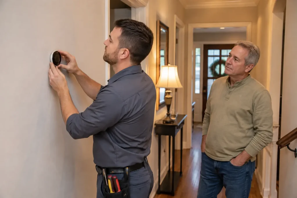 HVAC technician installing a smart thermostat while homeowner watches