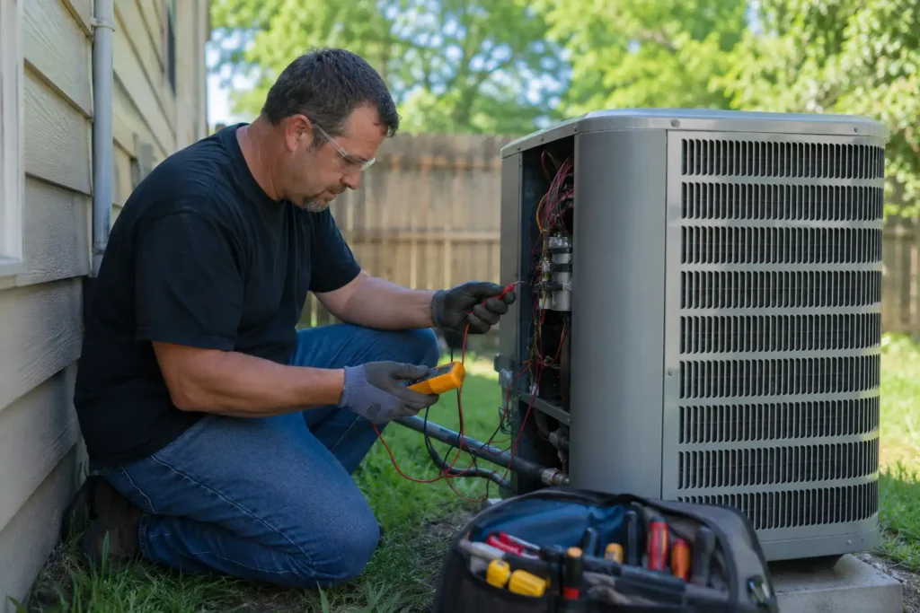 HVAC technician repairing outdoor condenser unit at a residential home. hvac seo webmasters