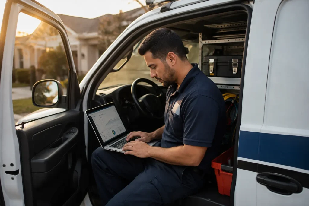 HVAC technician reviewing SEO agency comparison on a laptop in a service van