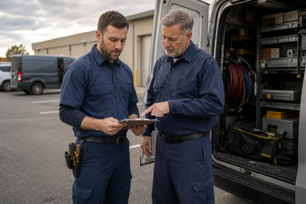 HVAC technicians team discussing daily service schedule beside company van