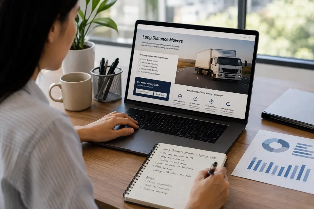 SEO specialist writing answer-first content for a moving company service page to improve ai seo for moving companies citations