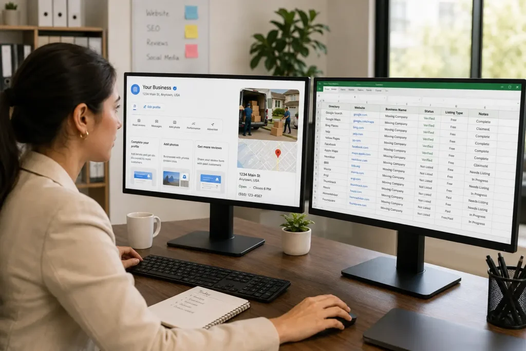 Moving company marketing manager auditing ai seo for moving companies signals including directory listings and schema
