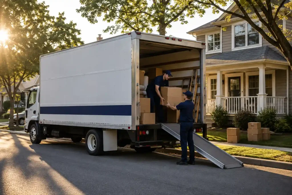Moving company truck and crew at a residential job after implementing ai seo for moving companies strategy in Dallas