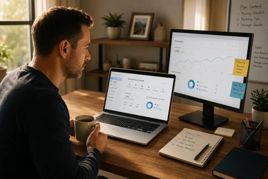 Moving company owner running a 30-minute ai seo for moving companies visibility audit on Google Business Profile