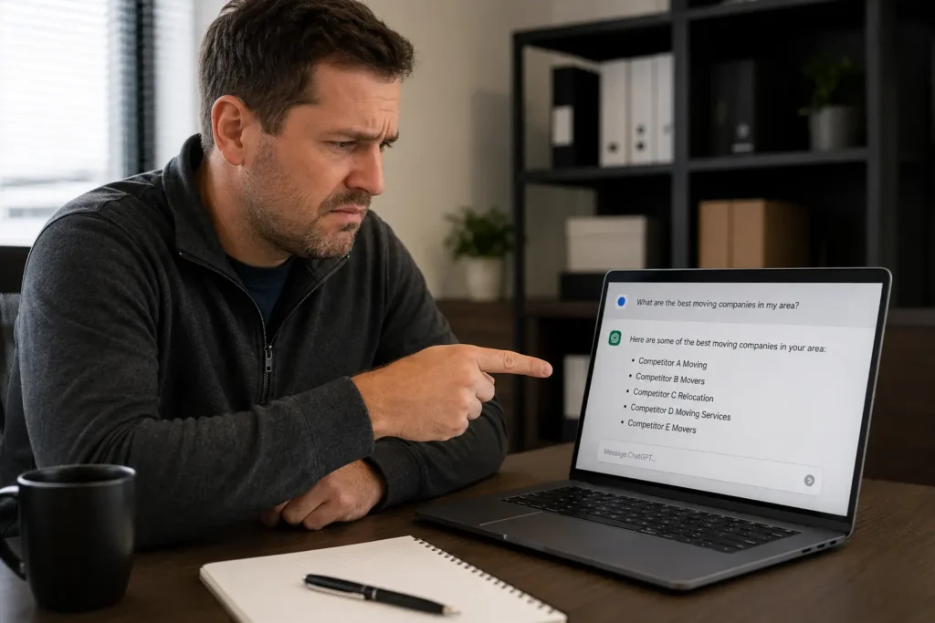 Moving company owner discovering competitor names in ChatGPT AI search results while auditing ai seo for moving companies