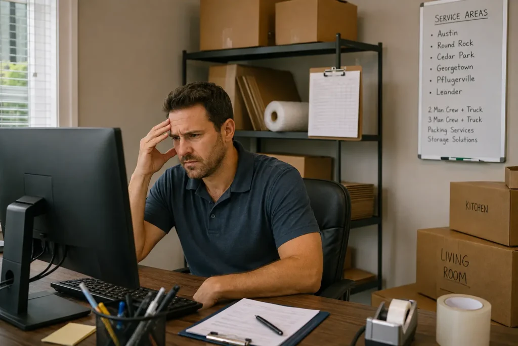 Moving company owner looking frustrated while researching SEO pricing at his office desk. seo packages for moving companies
