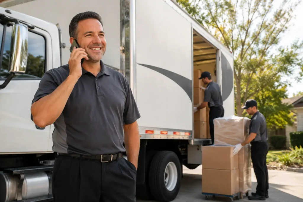 Moving company owner smiling on phone outside next to branded truck with crew working in background