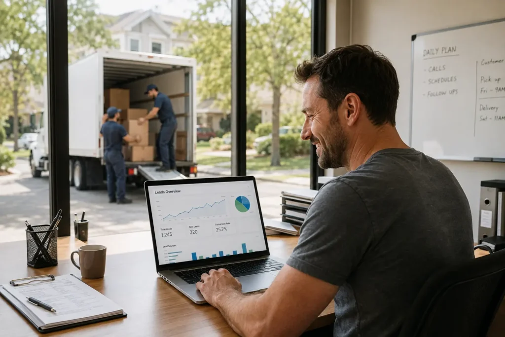 Moving company owner reviewing positive SEO lead results on laptop while crew loads truck outside