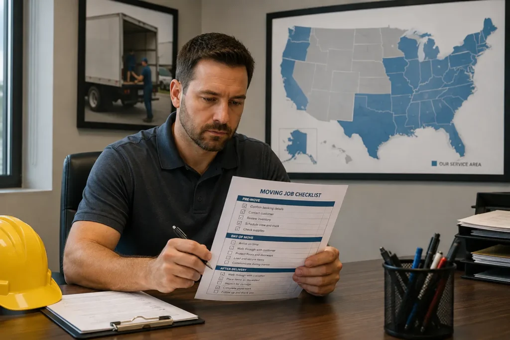 Moving company owner carefully reviewing an SEO package checklist in his office