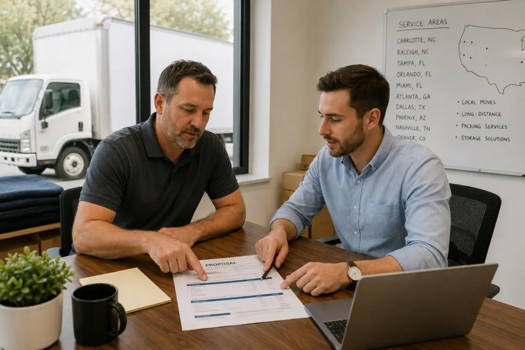 Moving company owner and SEO consultant reviewing an SEO package proposal together in a moving company office