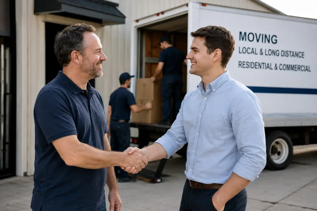 Moving company owner shaking hands with SEO agency representative outside moving company premises with branded truck in background