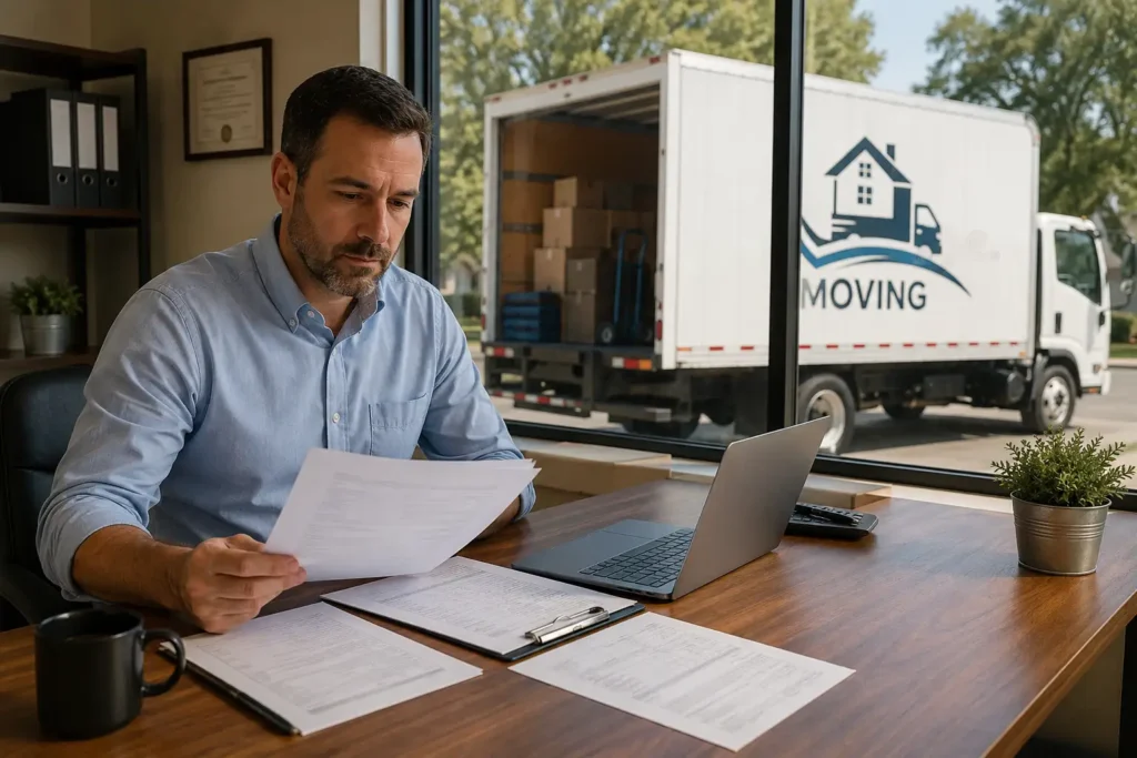 Moving company owner reviewing SEO packages and pricing options for his moving business