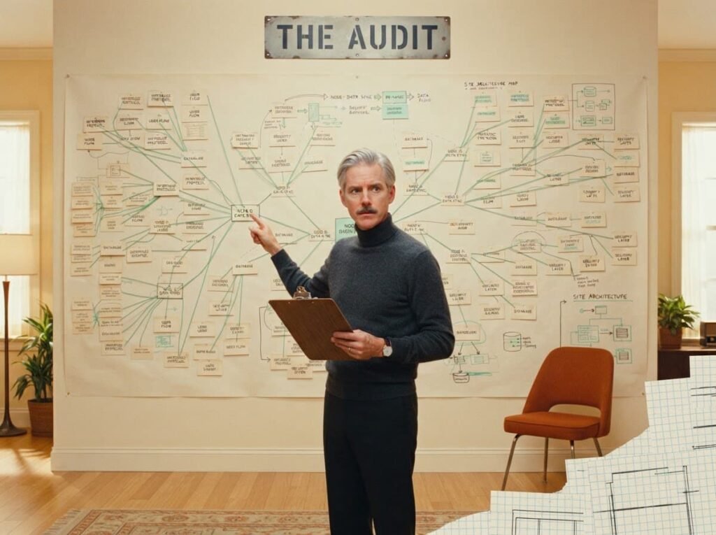 Strategist mapping a website's AI search audit findings on a large wall chart