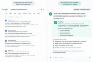 ai search optimization showing brand cited in ChatGPT answer versus traditional search results