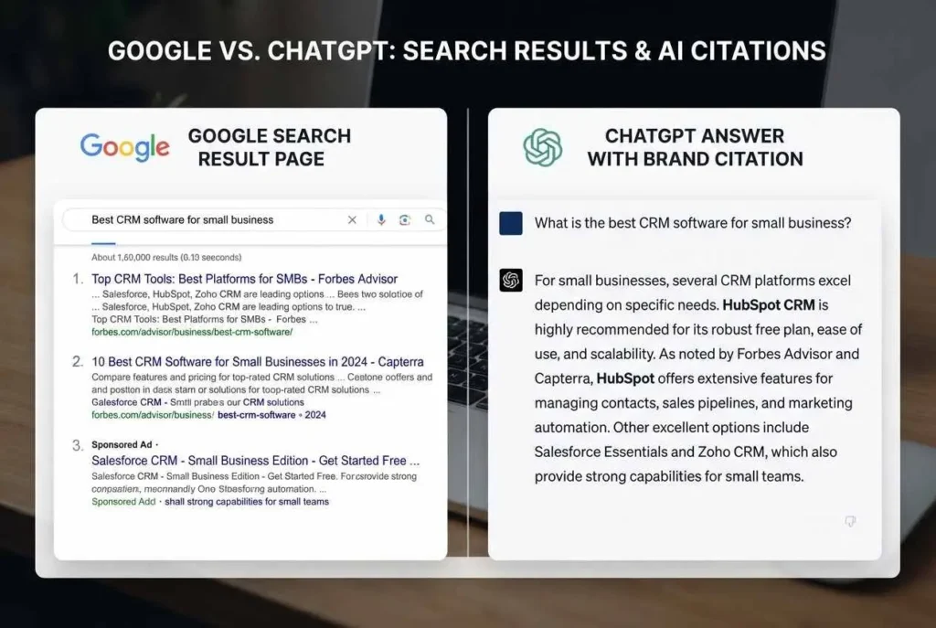 Google search results compared with an AI chatbot answer citing a brand