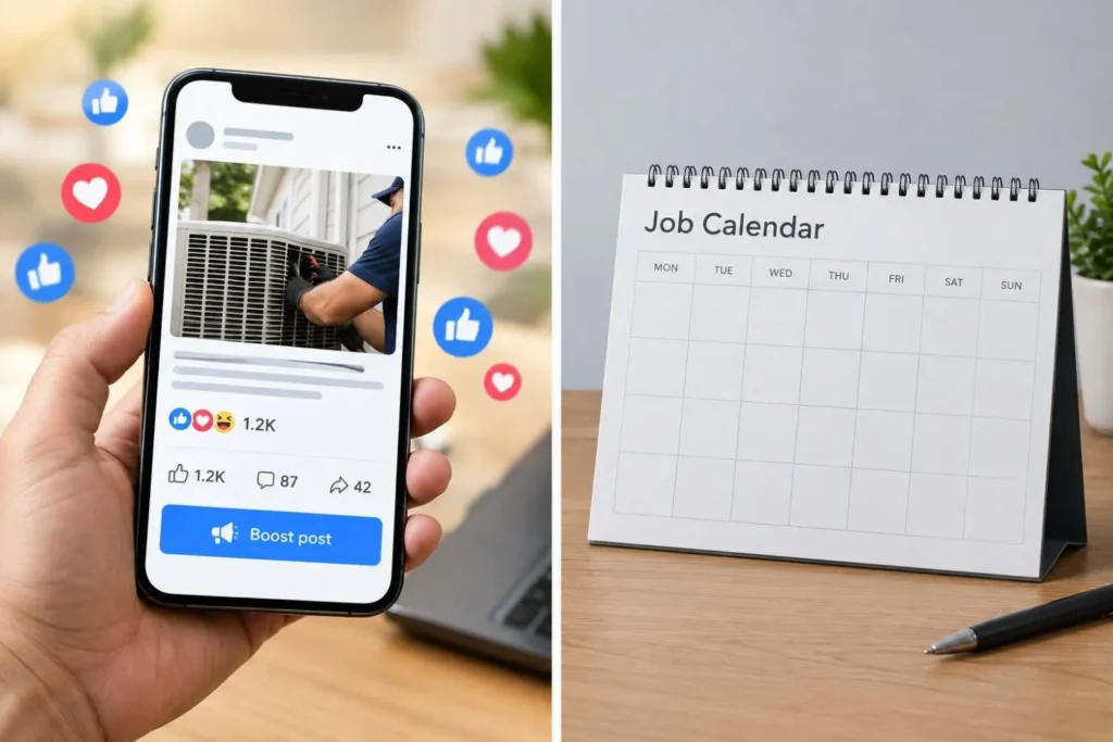 Boosted Facebook post with likes next to an empty HVAC job calendar, a common HVAC social media marketing problem