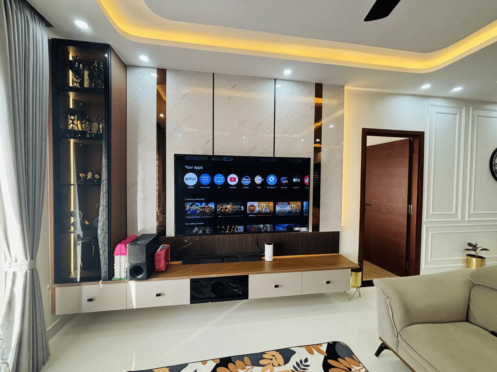 Elegante Interiors living room and TV unit featured in Meta walkthrough video creative