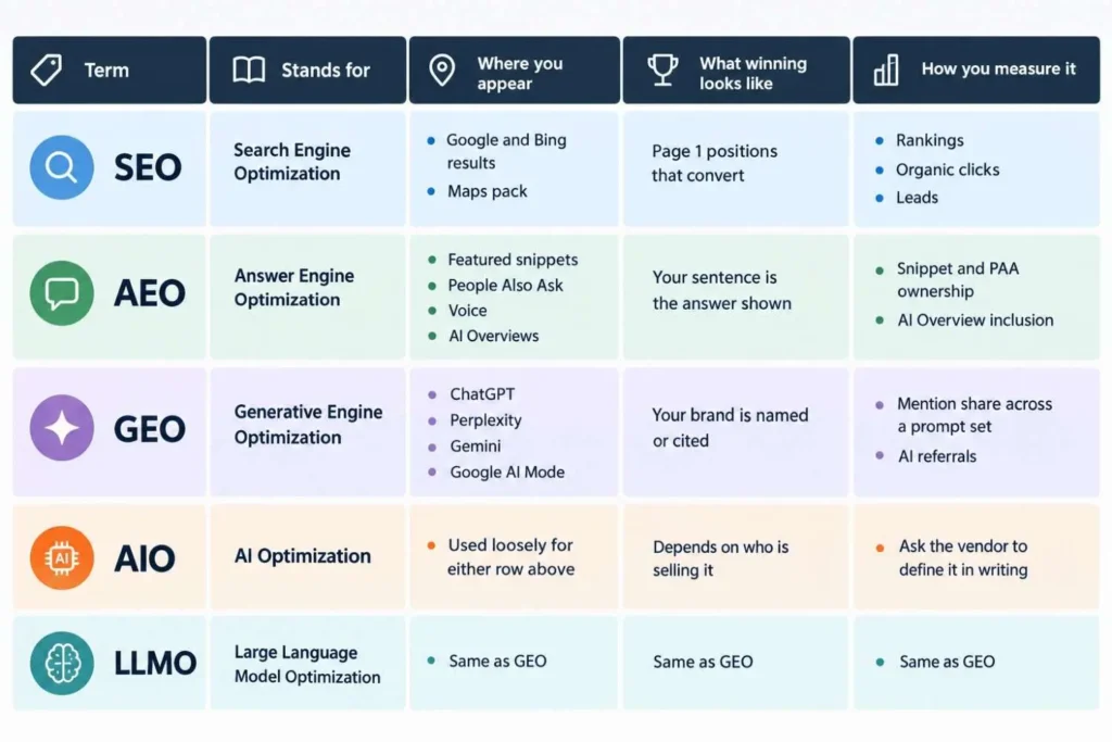 GEO vs SEO definition table showing SEO, AEO, GEO, AIO and LLMO