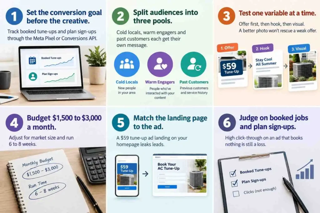 Six-step testing framework for HVAC maintenance plan Facebook ads