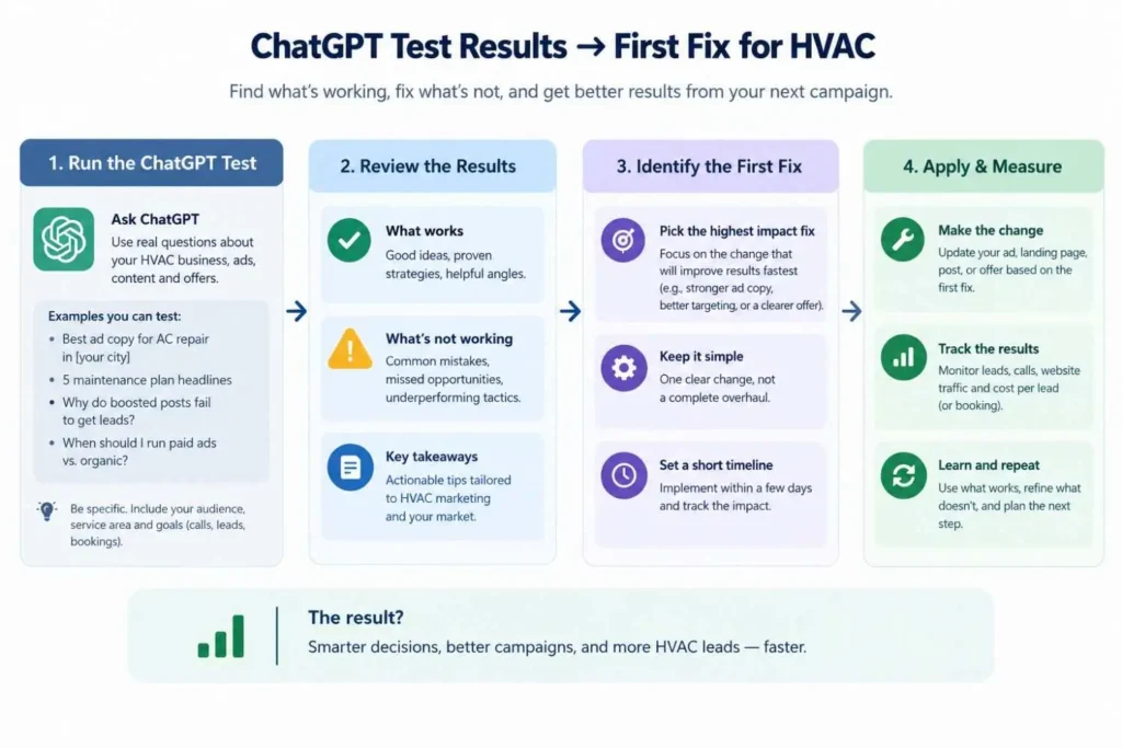 Diagram matching ChatGPT test results to the first fix for an HVAC company