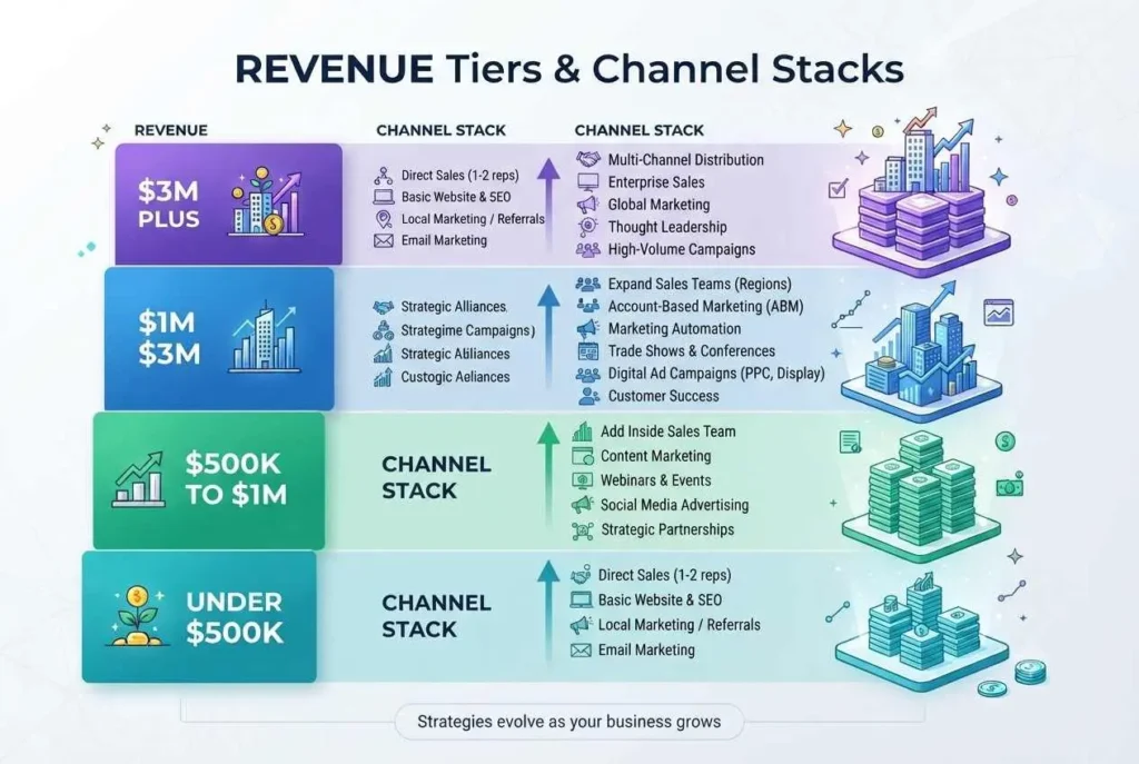 HVAC marketing channel sequencing by revenue band: from LSA-only under $500K to full stack above $3M