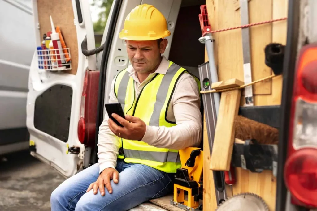 HVAC business owner checking a phone to see how to get HVAC company recommended by ChatGPT