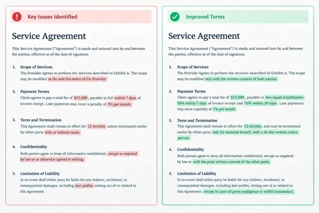Red-flag vs safe wording in an HVAC marketing agency contract