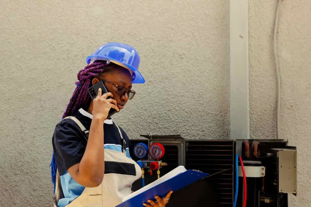 HVAC technician confirming a booked service job.