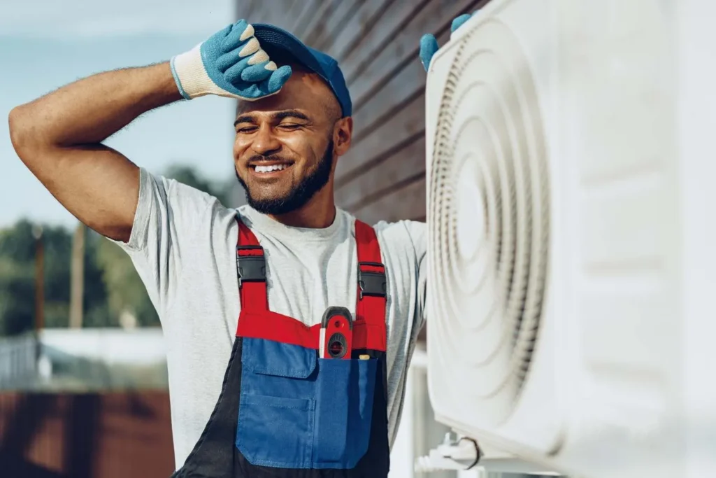 Mock-up grid of seasonal AC tune-up Facebook ad layouts for HVAC companies