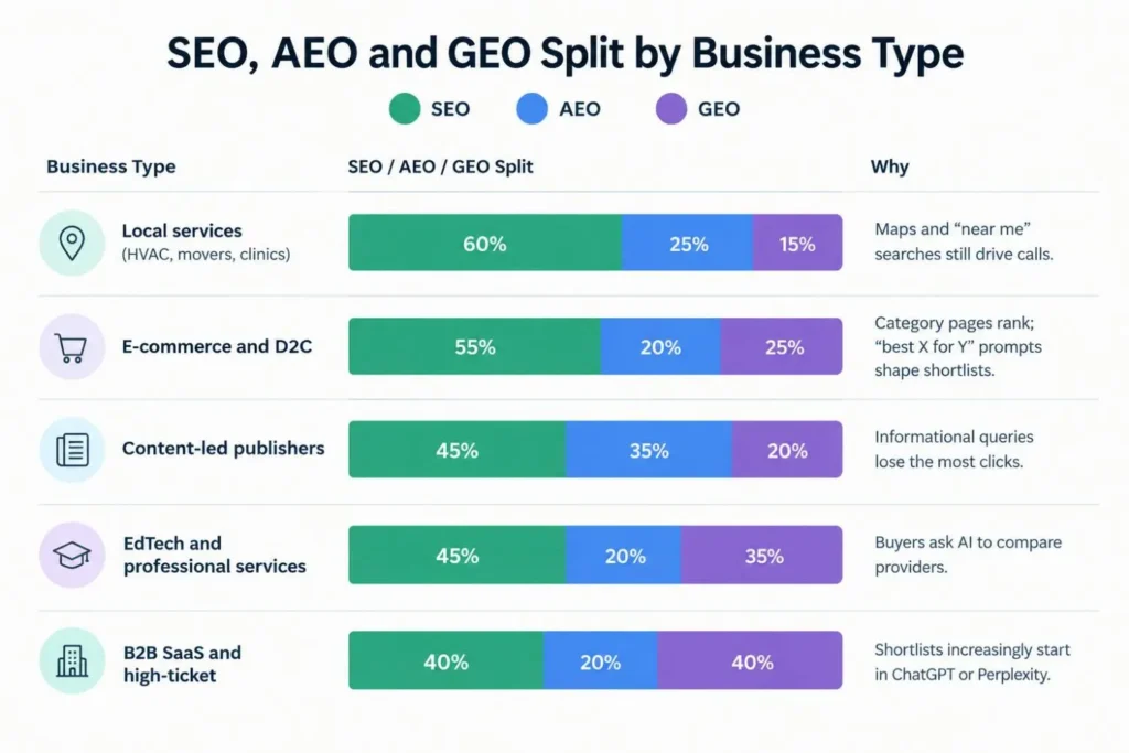 SEO, AEO and GEO budget split by business type