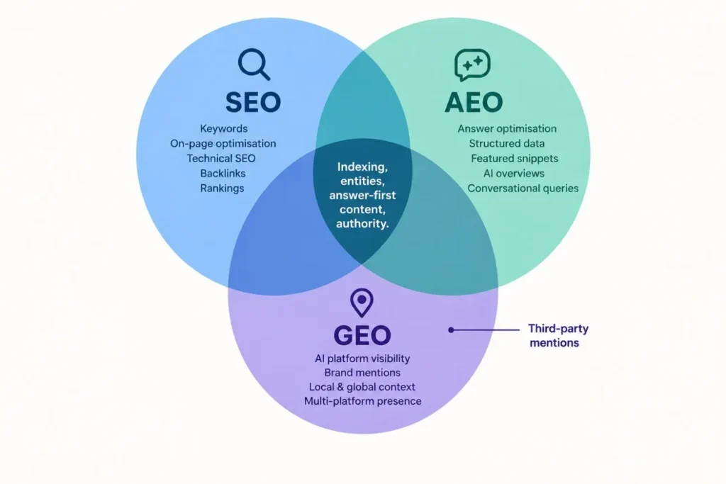 Venn diagram of the overlap between SEO, AEO and GEO