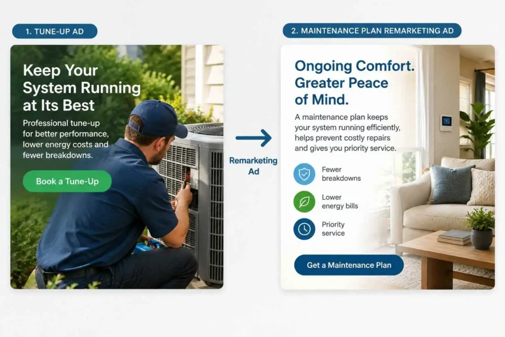 Two-step funnel from a tune-up ad to a maintenance plan remarketing ad