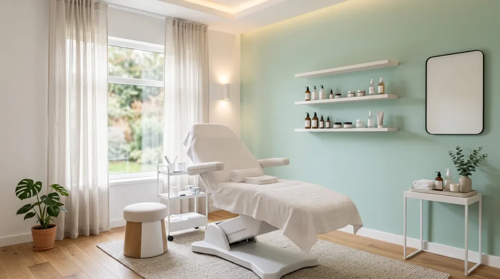 Modern aesthetics clinic treatment room with a mint green wall and treatment chair, an industry we run Meta Ads for